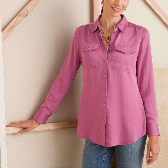 Chico's Sandwashed Satin Shirt 100% Modal Size 16/18 Pinkish Purple Button Up - Picture 10 of 10
